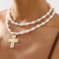 Pearl Beaded Layered Cross Statement Necklace