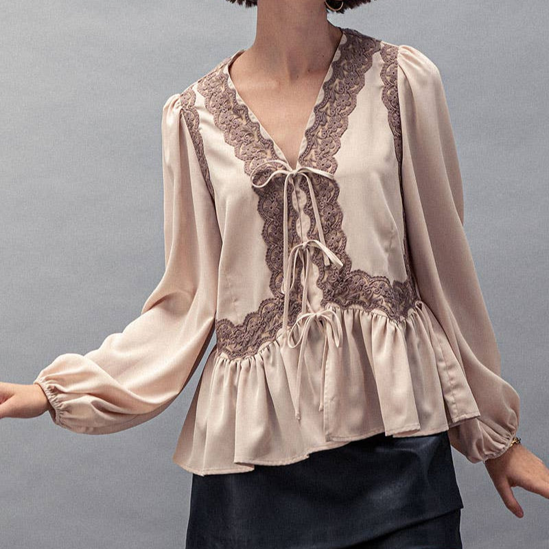Romantic Lace Trim Tie Front Peplum Blouse