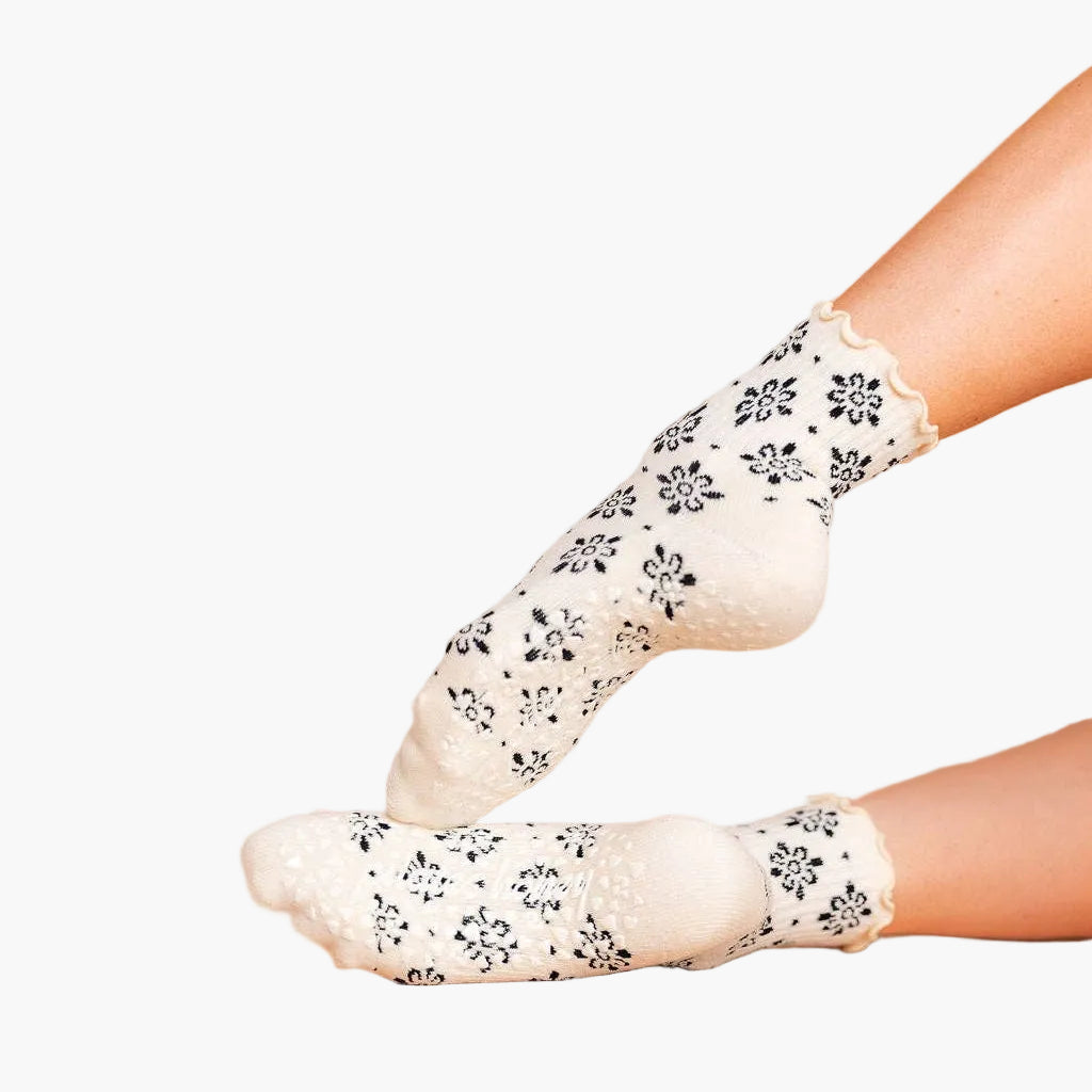 Midnight Bloom Ruffle High Ankle Grip Socks