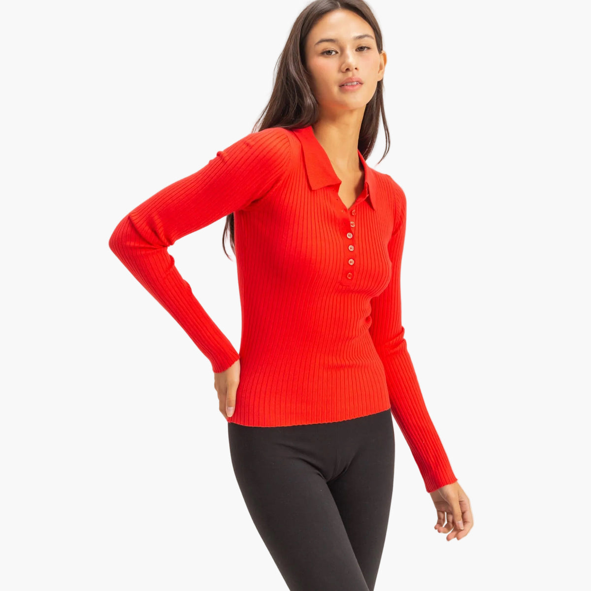 Red Ribbed Collared Button Front Top