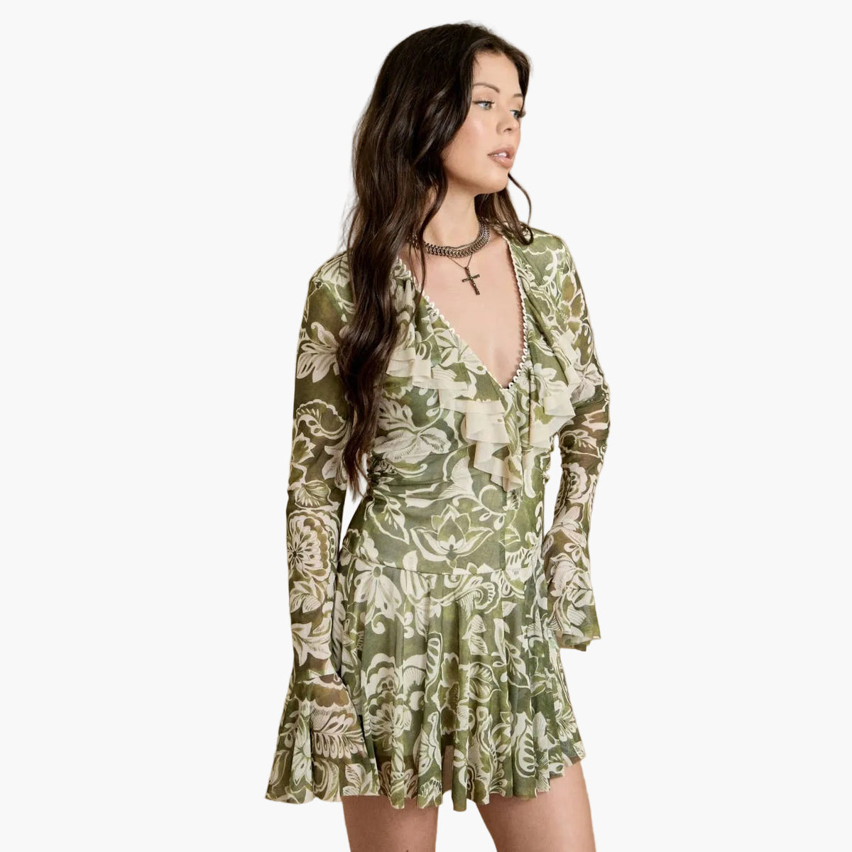 Green Floral Ruffle Mini Dress