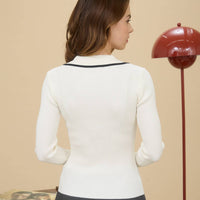 Ivory Collared Contrast Knit Cardigan