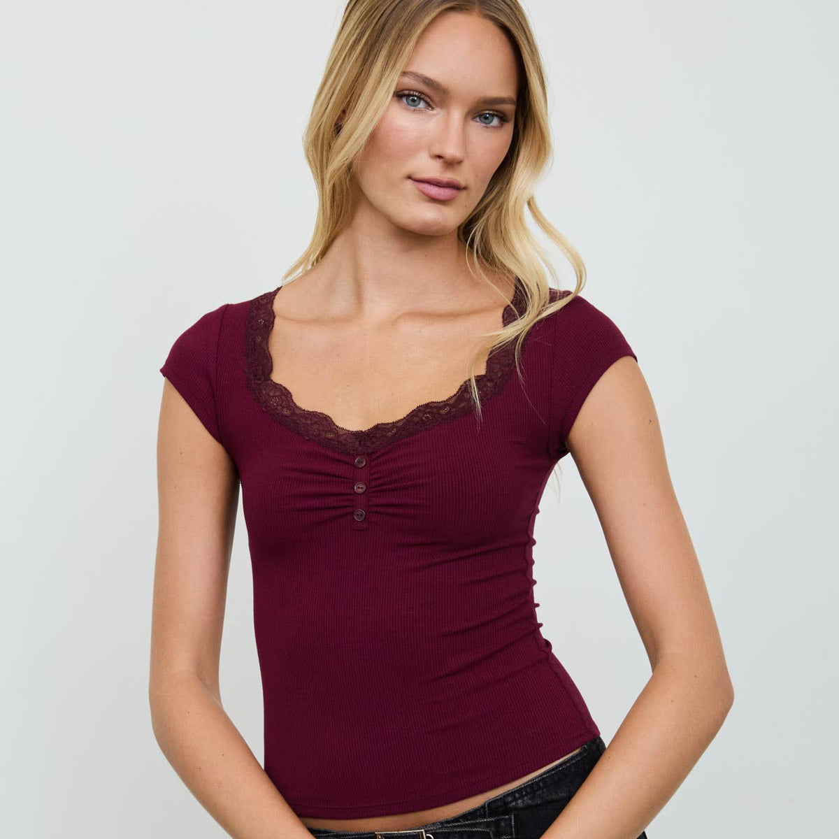Brown Lace Trim Henley Knit Top