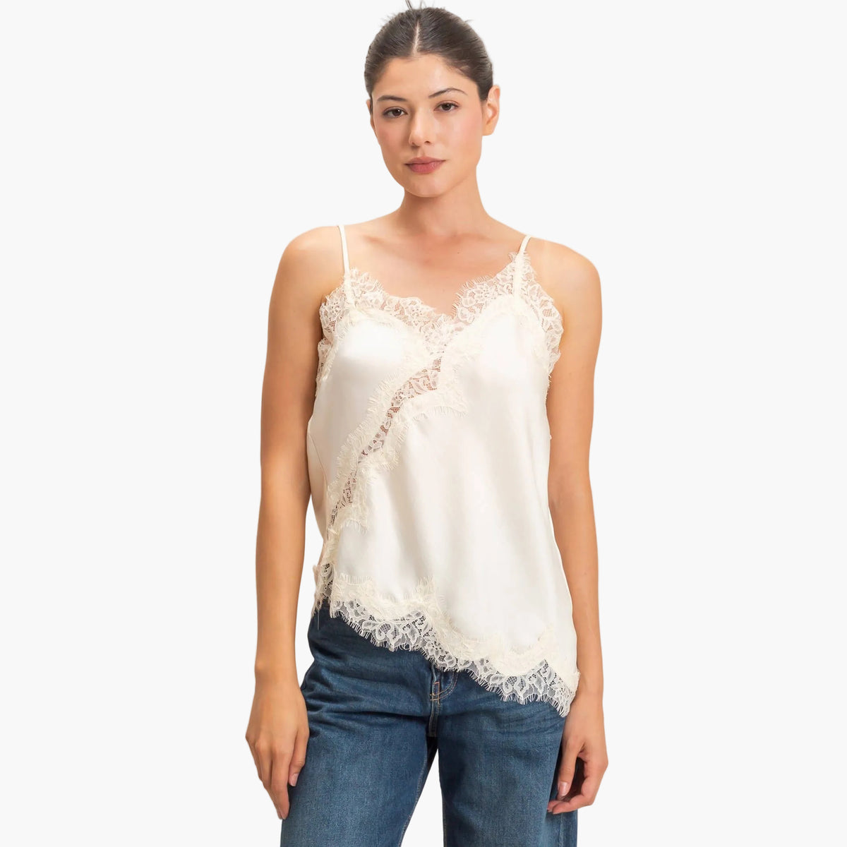Cream Asymmetrical Satin Lace Top