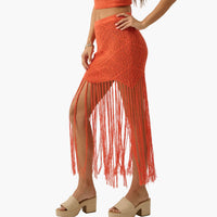 Crochet Open-Knit Tassel Fringe Maxi Skirt