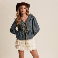 Ruffle Collar Tie-Front Denim Blouse