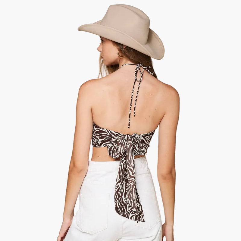 Zebra Print Halter Tank with Back Ribbon Tie